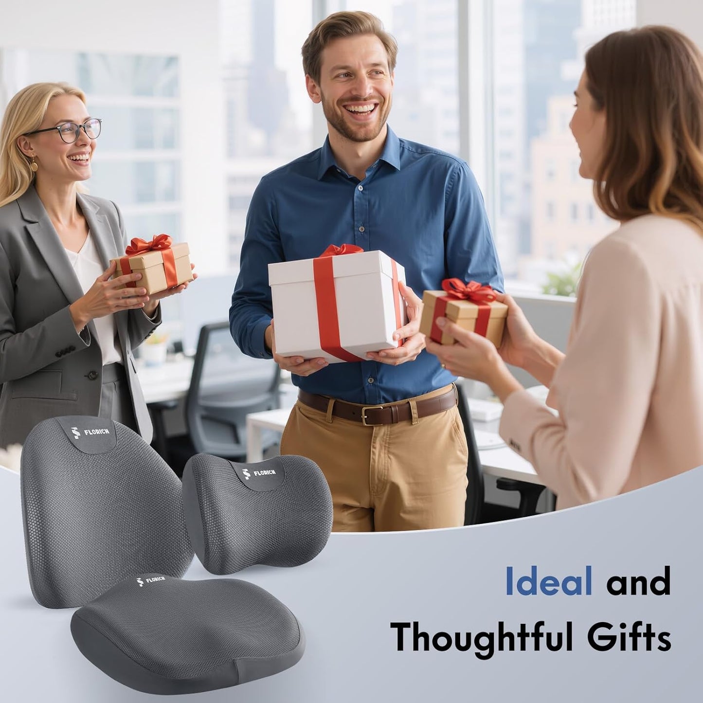 FLORICH Seat Cushion and Lumbar Support Pillow for Office Chair Car, Car Neck Pillow, Ergonomic Memory Foam Back Support for Office Gaming Chair Wheelchair, Relieves Neck, Back & Sciatica Pain – Gray