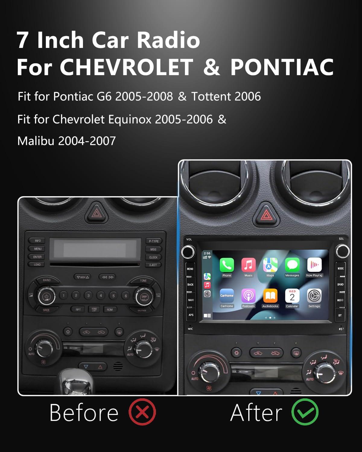 [2+64G] Car Radio for Pontica G6 (2005-2008)/ Torrent 2006, Chevy Equinox (2005-2006)/ Malibu, 2 Din Car Srereo with Wireless Carplay/Android Auto, Steering Wheel Controls/AHD Camera/FM/App Store