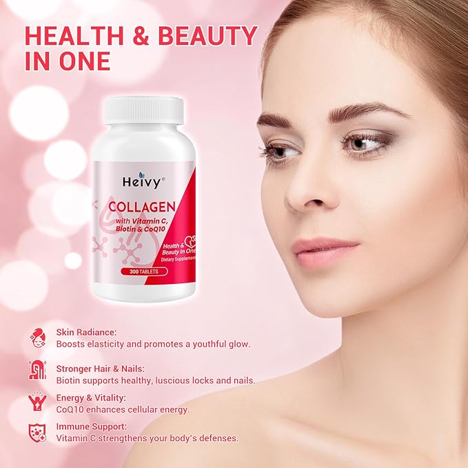 Multi Collagen 300 Tablets for Women & Men, Vitamin C, Biotin & CoQ10 Supports Hair, Skin, Nails Joint & Bone Health, Gluten-Free, Non-GMO