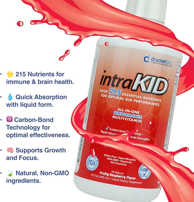Drucker Labs Organic Liquid Multivitamin for Kids, Immune Support, Non GMO, Dairy Free, Gluten Free, Magnesium, Vitamin A,C,E, Zinc, (32 oz., Fruity Raspberry)