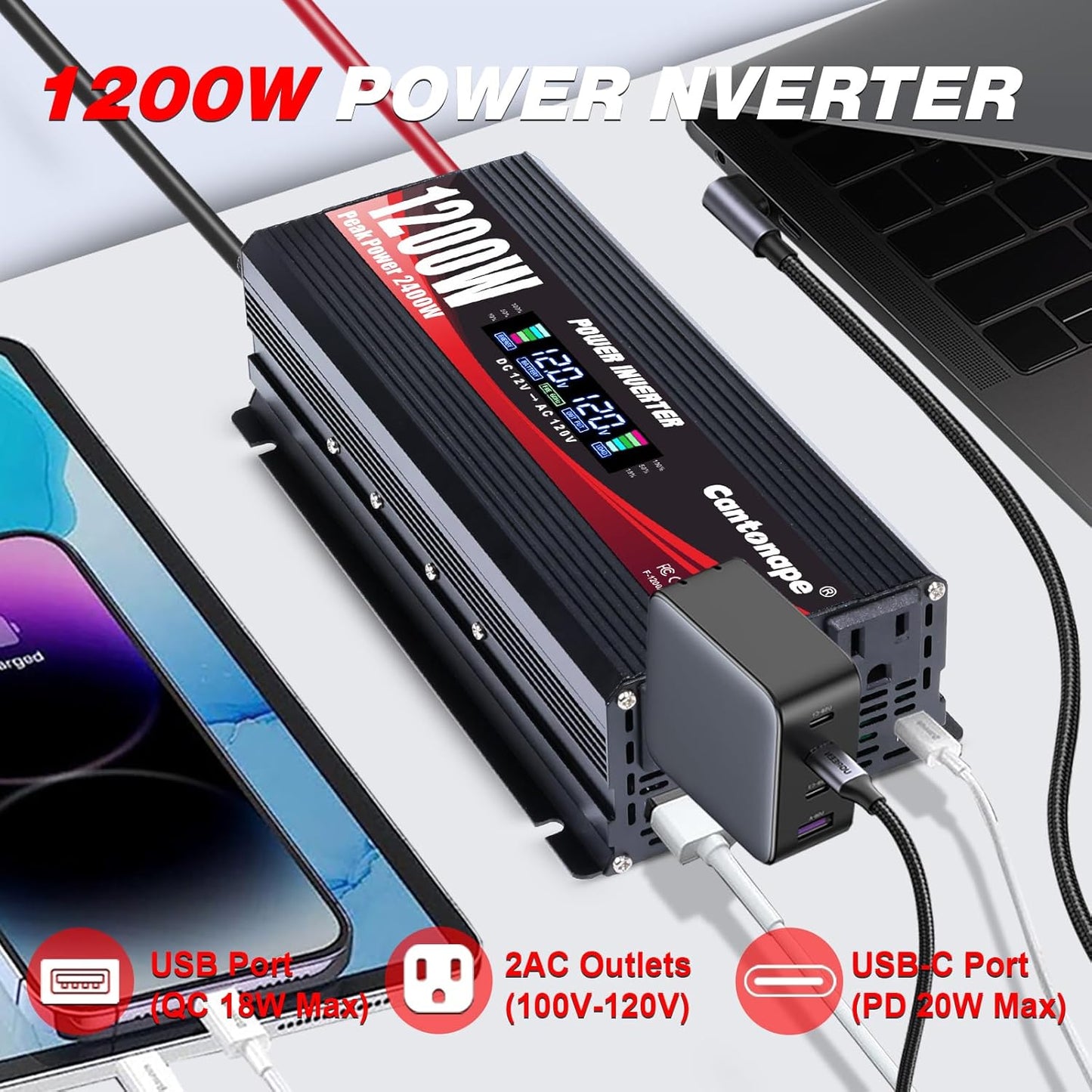1200W/2400W(Peak) Power Inverter DC 12V to 110V/120V AC Converter with LCD Display Dual AC Outlets 3.0A USB and Type-C Car Inverter for Truck Vehicles Laptop Trip