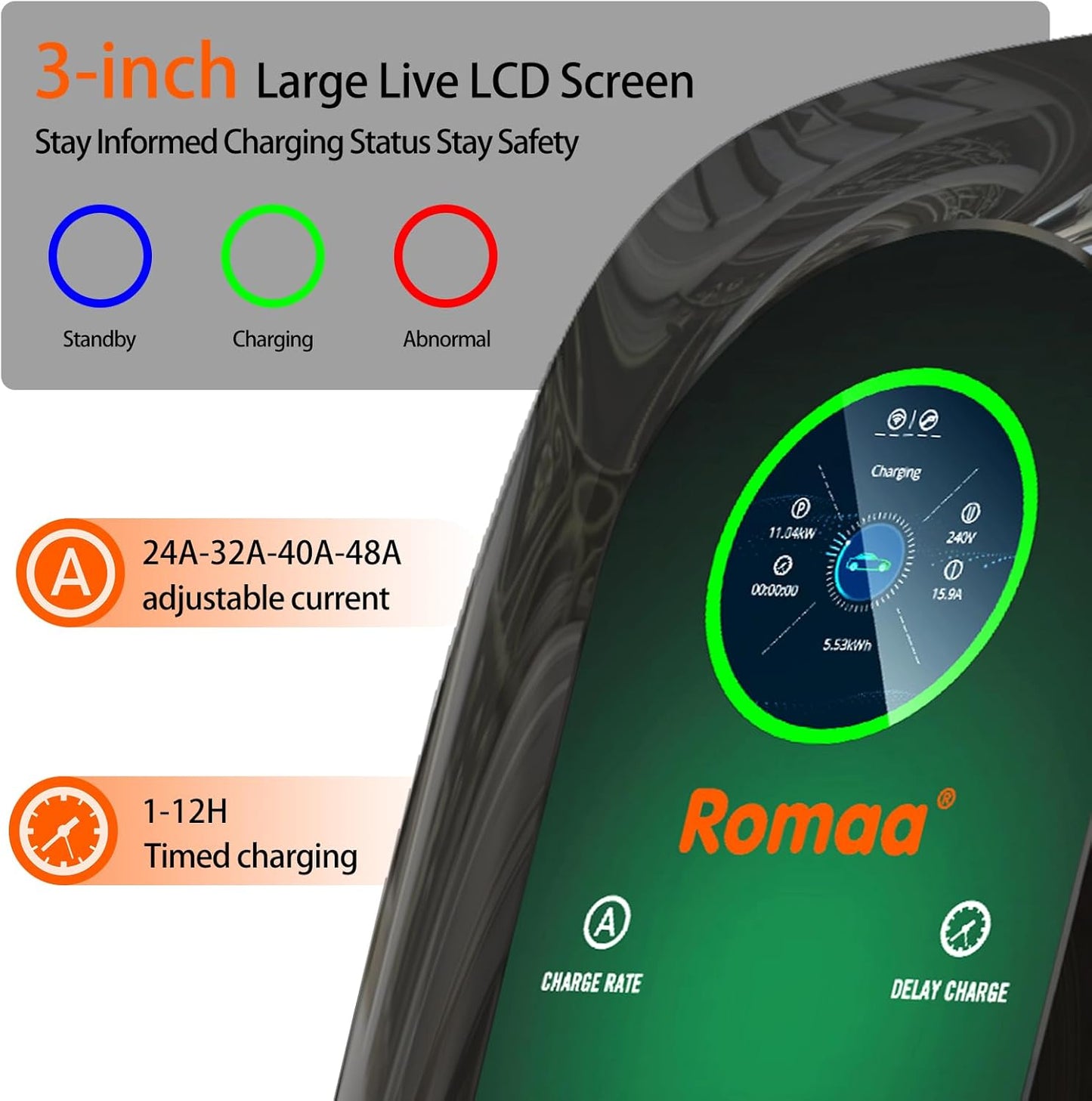 Level 2 EV Charger, 48 Amp 240V Hardwired Fast Charging, Smart WiFi Control, Adjustable Current, Delay Timer, 25ft Cable, J1772 Charger, EV Chargers for Home Level 2, LCD Display, Black