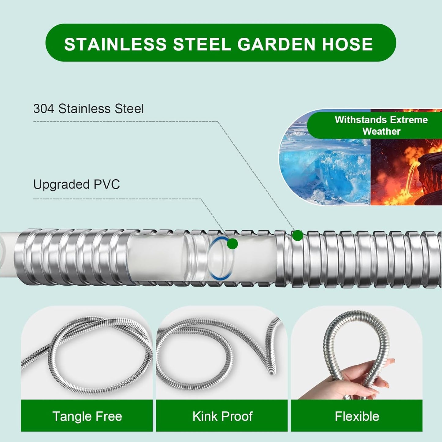 Metal Short Garden Hose 8 ft, Stainless Steel Water Hose Leader, Small Hose Extension, Lightweight Flexible Hose Extender for Outdoor Watering Washing (8FT)