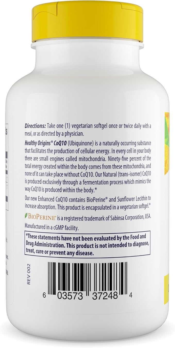 Healthy Origins Natural Enhanced CoQ10 (BioPerine®), 200 mg - Heart Health & Energy Supplement - Gluten-Free & Non-GMO Supplements, with BioPerine & Sunflower Lecithin ((Pack of 1) 60 Veggie Gels)