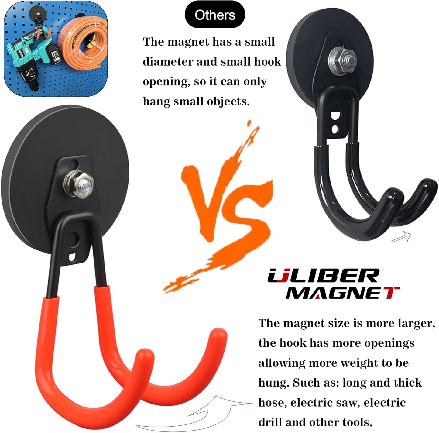 ULIBERMAGNET Strong Magnetic Hooks,2 Pack Heavy Duty Large Magnetic Hooks for Extension Cord, Cable, Hose, Power Cord,Rope,Drill,Jig Saw,Circular Saw,Garden Lawn Tools (Orange/3.46inch)