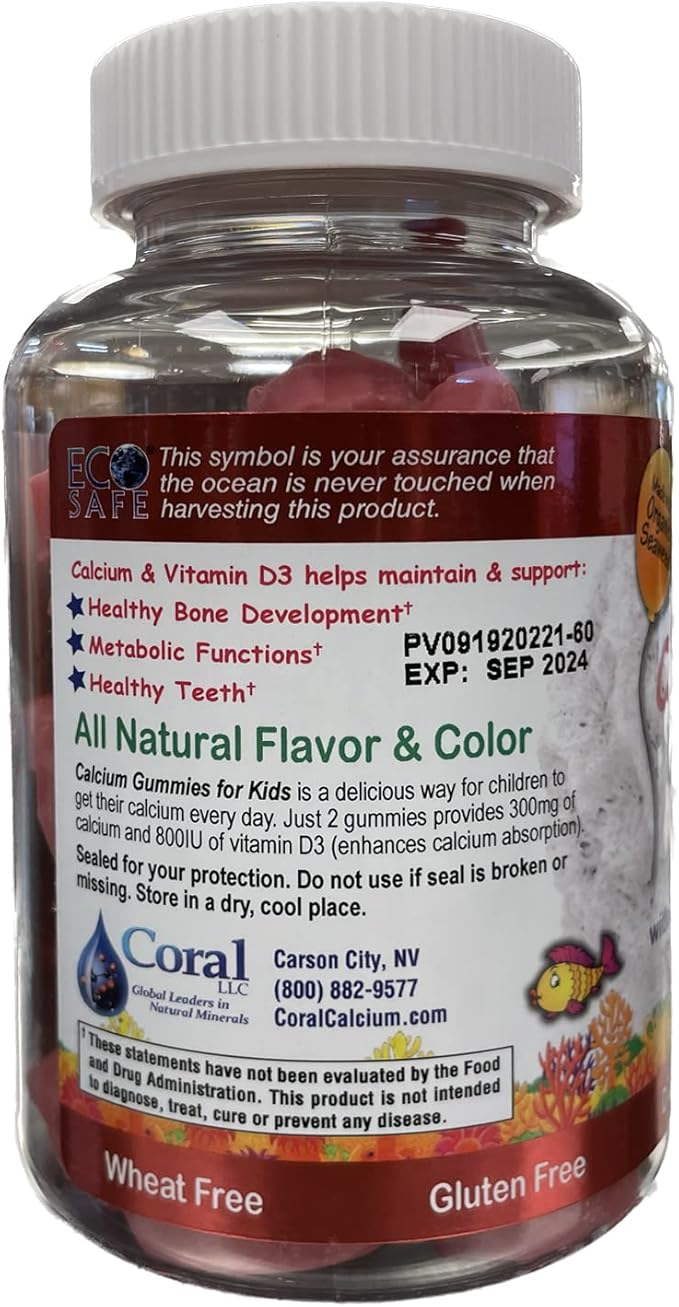 ECO SAFE Coral Calcium Vitamin D3 Kids Gummy, Natural Cherry Flavor, Non GMO, Gluten-Free, Dairy-Free, Soy-Free and Gelatin Free - 300 mg of Calcium, and 800 IU of Vitamin D3-60 Gummies (2 Pack)