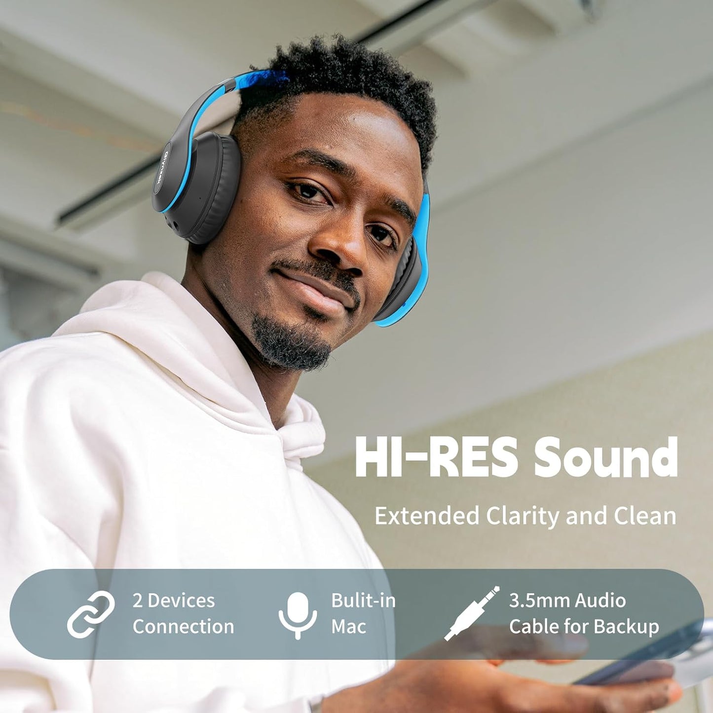 Wireless Bluetooth Headphones Over Ear, 65H Playtime HiFi Stereo Headset with Microphone and 6EQ Modes Foldable V5.3 Bluetooth Wireless Headphones for Travel Computer Laptop