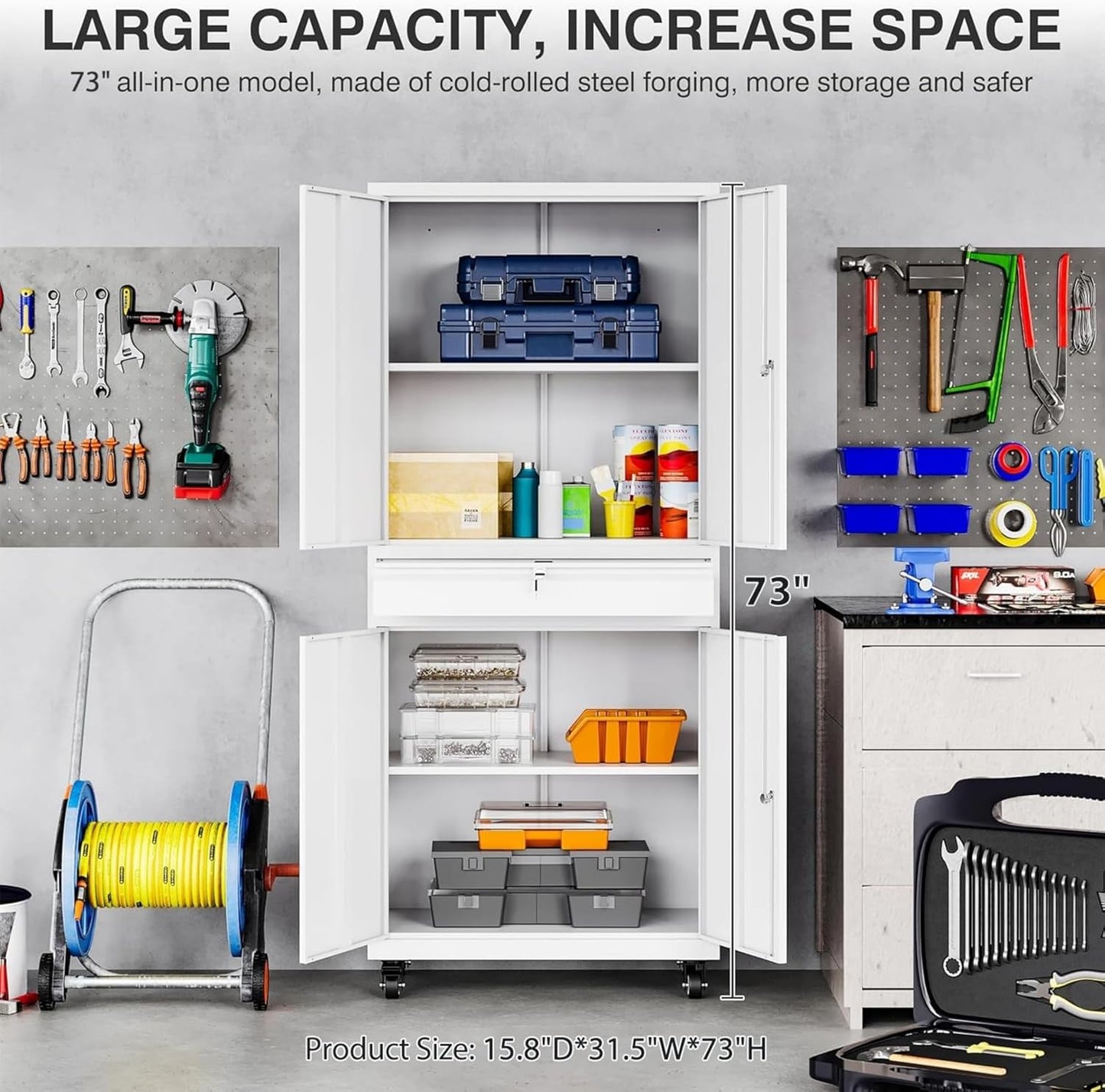 SISESOL White Metal Storage Cabinet with Wheels and Drawer,Rolling Garage Cabinet with Locking Doors and Adjustable Shelves,73" Mobile Tall Large Metal Cabinets for Home,Office,Garage,Shop