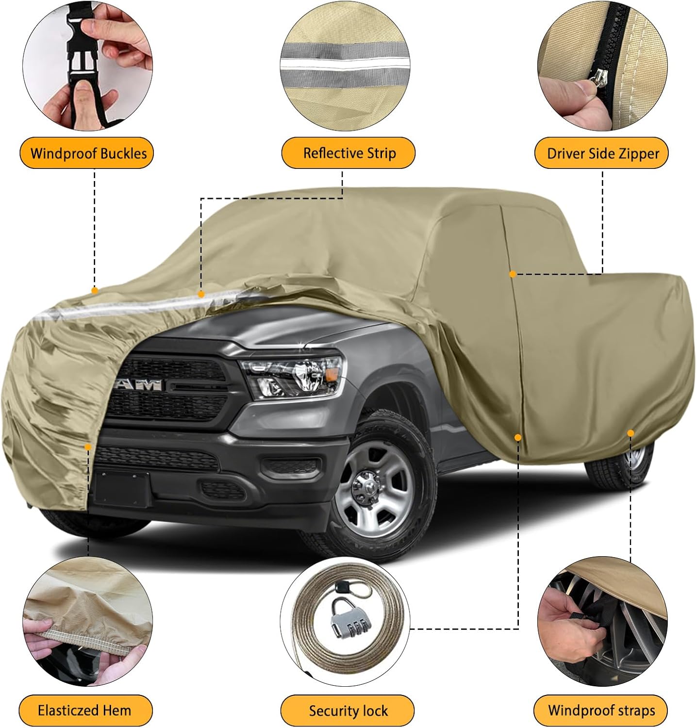 Waterproof Truck Covers Replace for Ford F150 / Dodge Ram 1500 CrewCab 5.5 ft, Multilayer Heavy Duty with Cotton Liner Car Cover with Zipper Door, Windproof Bands for Snow Rain Dust Protection