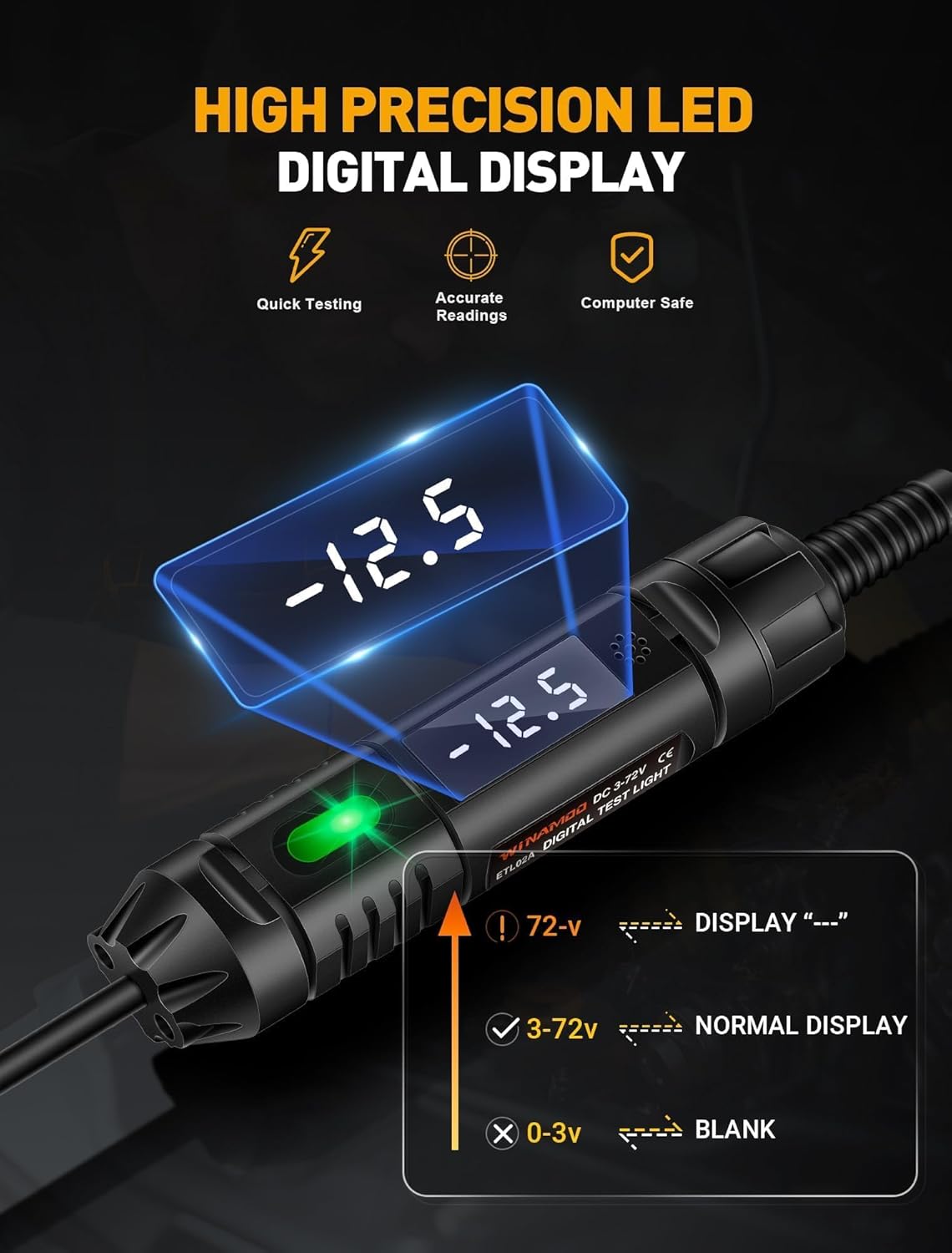Upgraded Heavy Duty Circuit Tester with Buzzer, 3-72V DC Digital LED Test Light with Voltmeter, Automotive Light Tester with Illumination, Fuse Voltage Tester Auto Electrical Tool