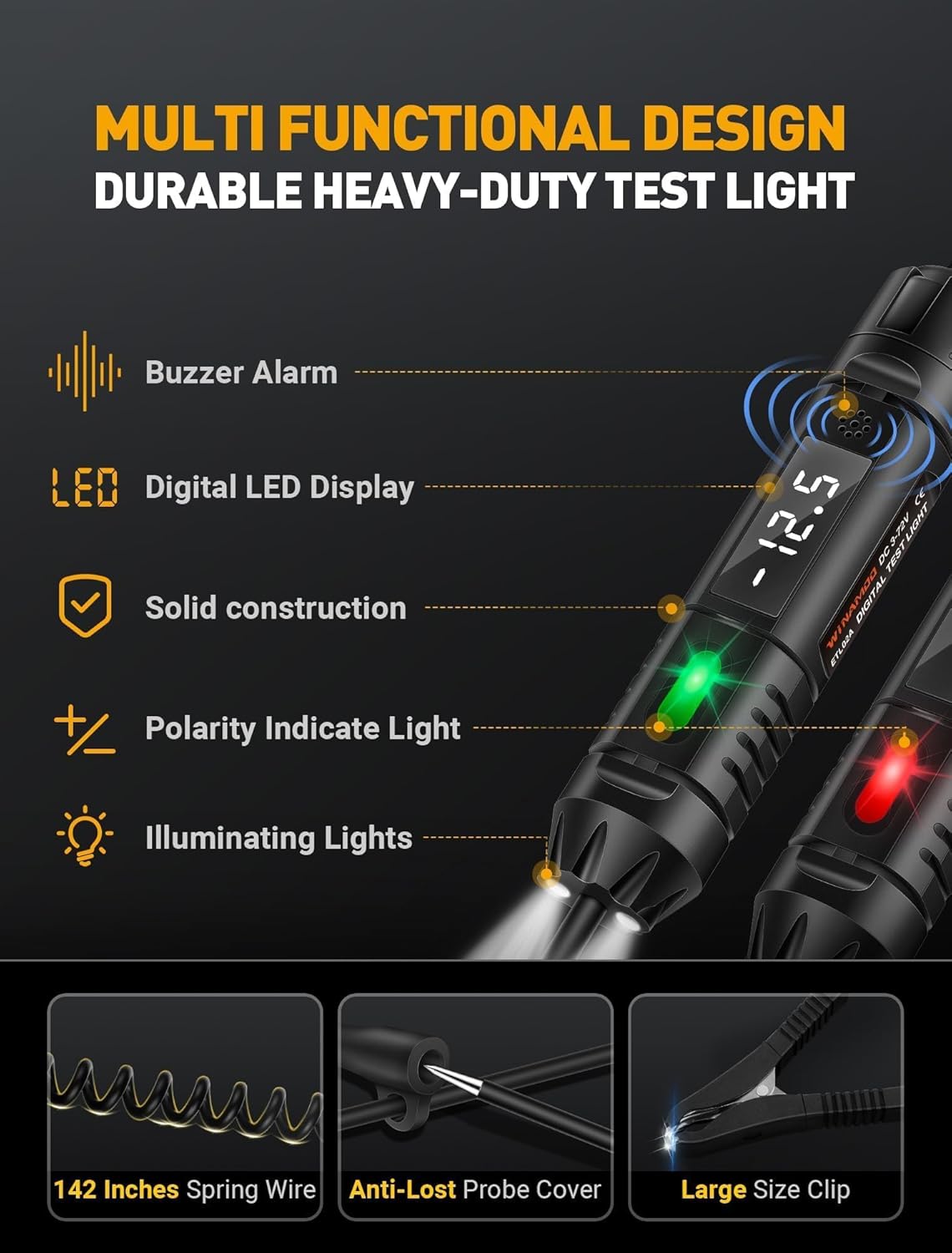 Upgraded Heavy Duty Circuit Tester with Buzzer, 3-72V DC Digital LED Test Light with Voltmeter, Automotive Light Tester with Illumination, Fuse Voltage Tester Auto Electrical Tool