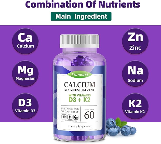 Calcium Magnesium Zinc Gummies with Vitamin D3 & K2 - High Potency Enhanced Absorption -60 Blueberry Gummies Flavored