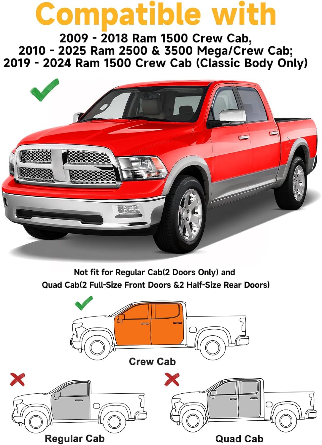 in-Channel Window Rain Guards Fit for Truck Dodge Ram 1500 Crew Cab 2009-2018/Ram 2500&3500 2010-2025 Crew Cab Extra Durable Window Deflectors Window Visors Vent Visors Vent Shades Accessories