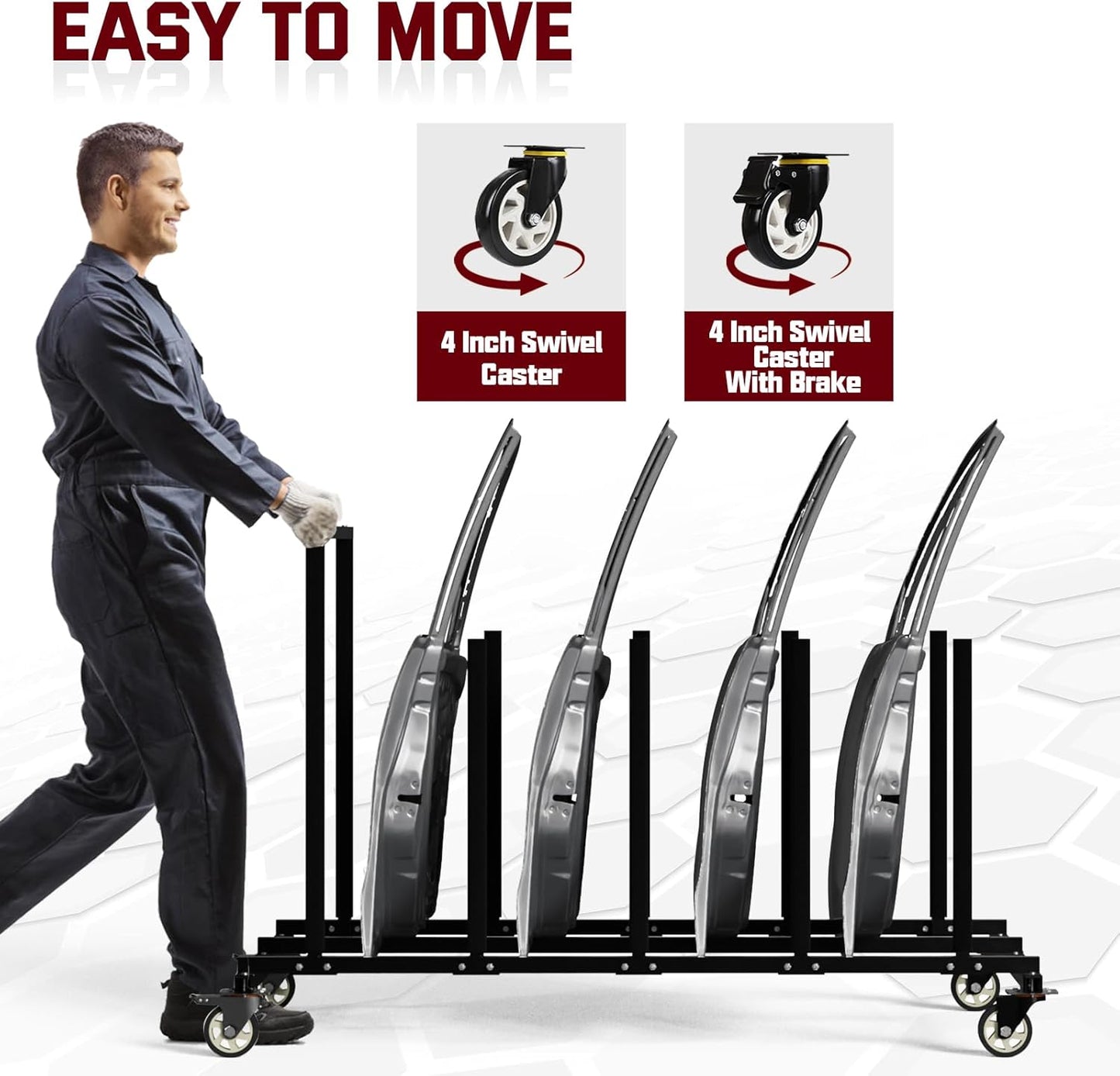 Vehicle Door Storage Cart, 4 Door Storage Rack with Dedicated Area for Each Door Maximize Space Utilization 4 Inch Swivel Caster Allow Floor Mobile Vehicle Door Storage Cart Smooth Maneuverability