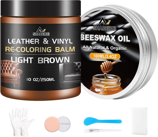 Leather Repair Kit Recoloring Balm Cleaner Conditioner Waterproof Beeswax Oil for Car Seat Furniture Couch Shoe Leather Vinyl(Light Brown)