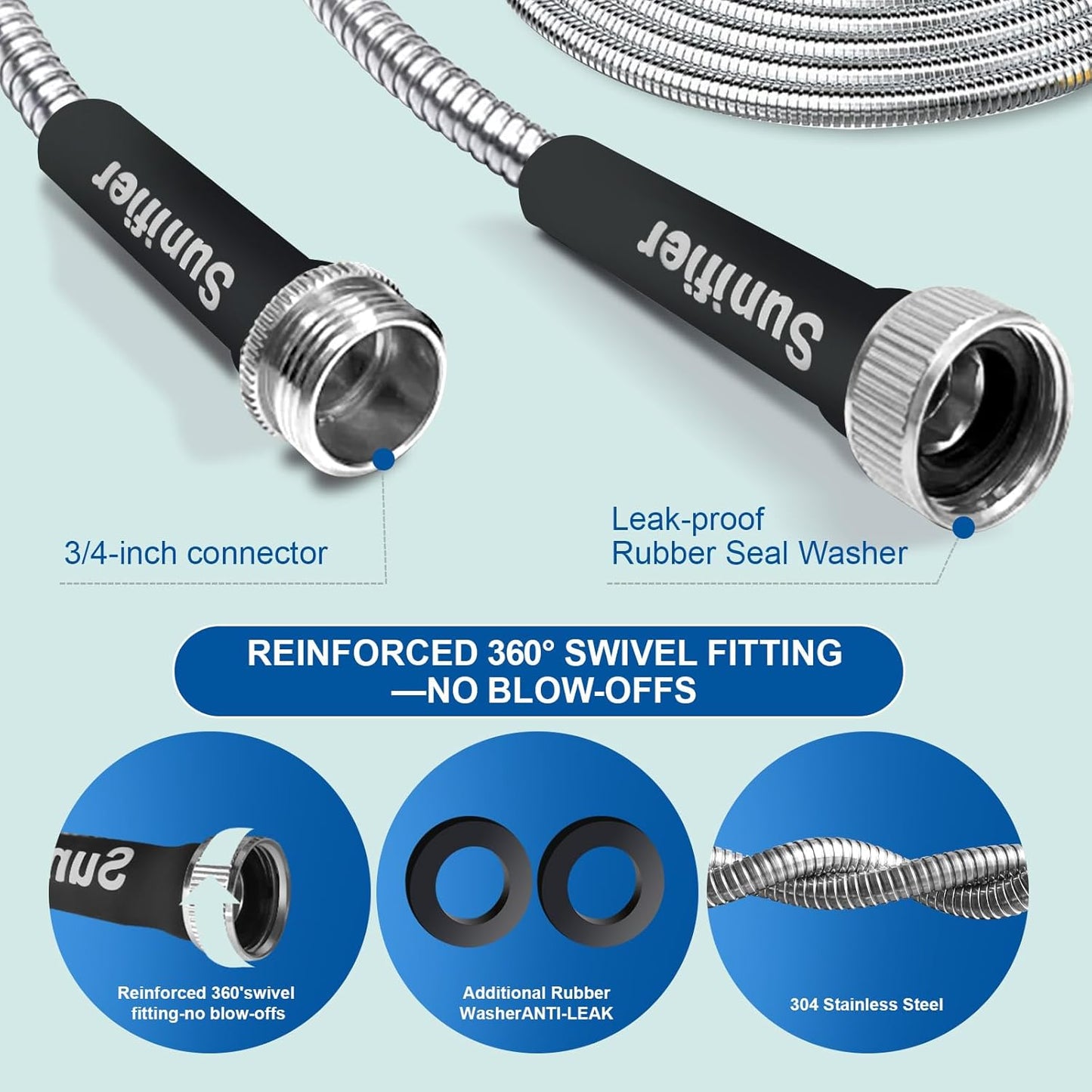 Metal Garden Hose 50 Ft With Hose Nozzle, Flexible Stainless Steel Garden Hose 50 Ft, Heavy Duty Water Hose for Outdoor Garden Watering Washing (50FT)