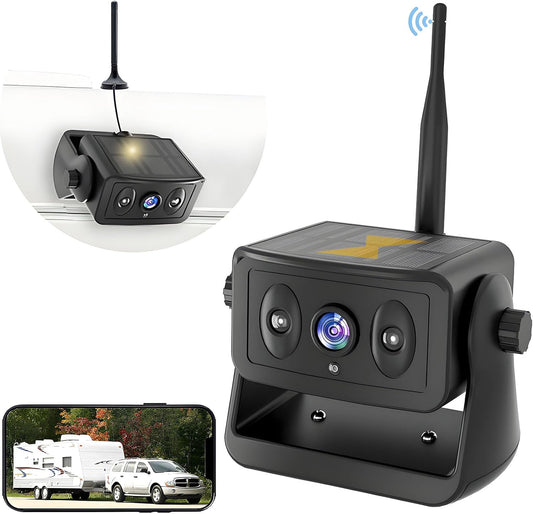 Wireless Backup Camera for RV/Truck/Camper/Trailer - Solar-Powered Strong Magnetic Mount, No Wiring/Drilling, HD Night Vision, Waterproof, Low Power - Works with iPhone & Android (Easy Installation)
