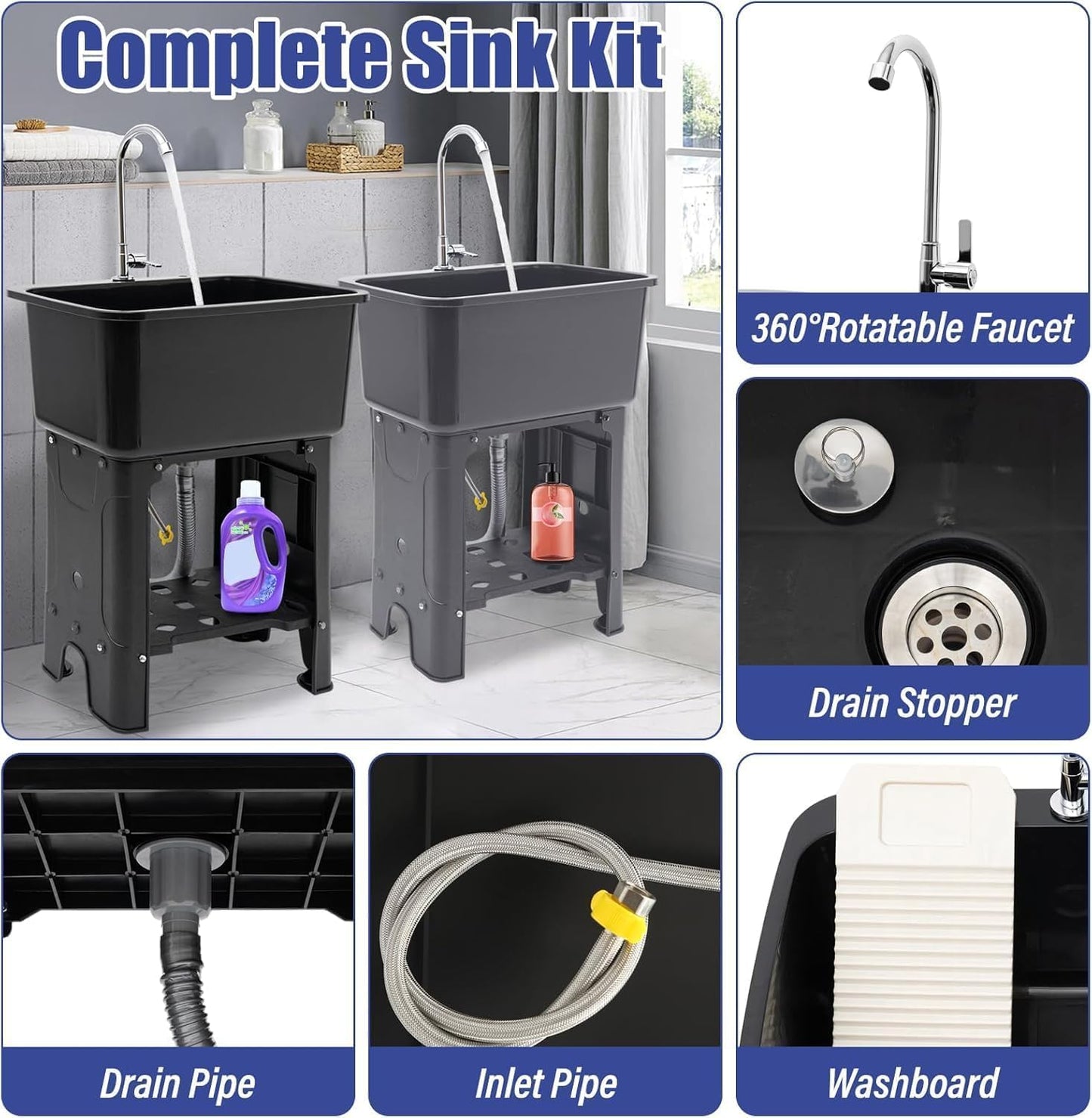 Free Standing Utility Sink with Washboard Laundry Tub Sink for Outdoor,Garage,Basement,Garden wuth Faucet,Drain,Storage Shelf (Gray, 23.6 * 15.8 * 30.1in)