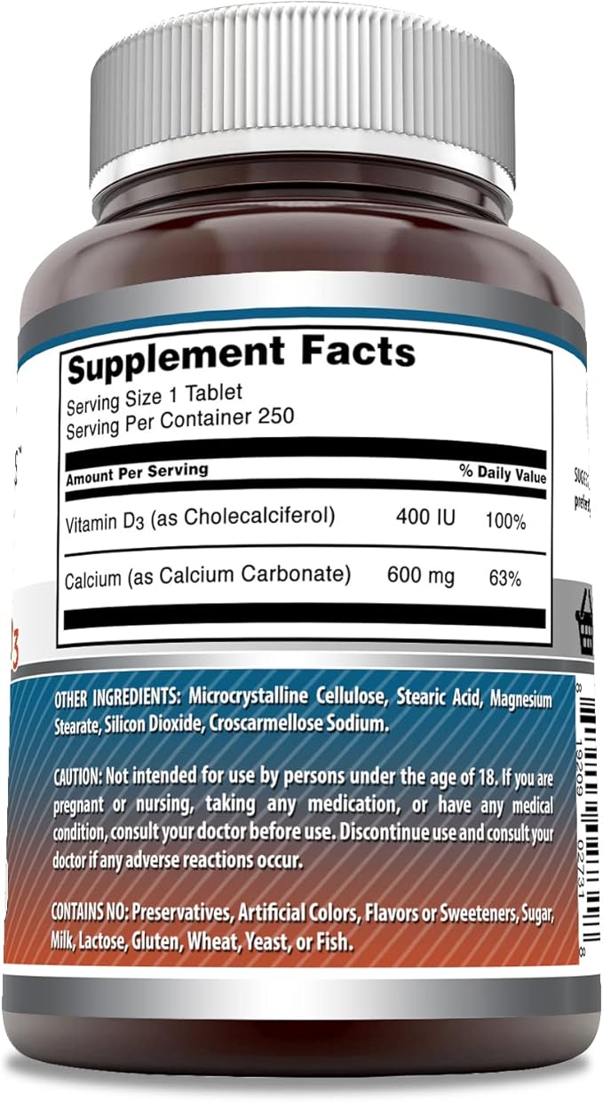 Amazing Formulas Calcium with Vitamin D3 Supplement | Tablets | Non-GMO | Gluten-Free | Made in USA (250 Count, 1 Pack)