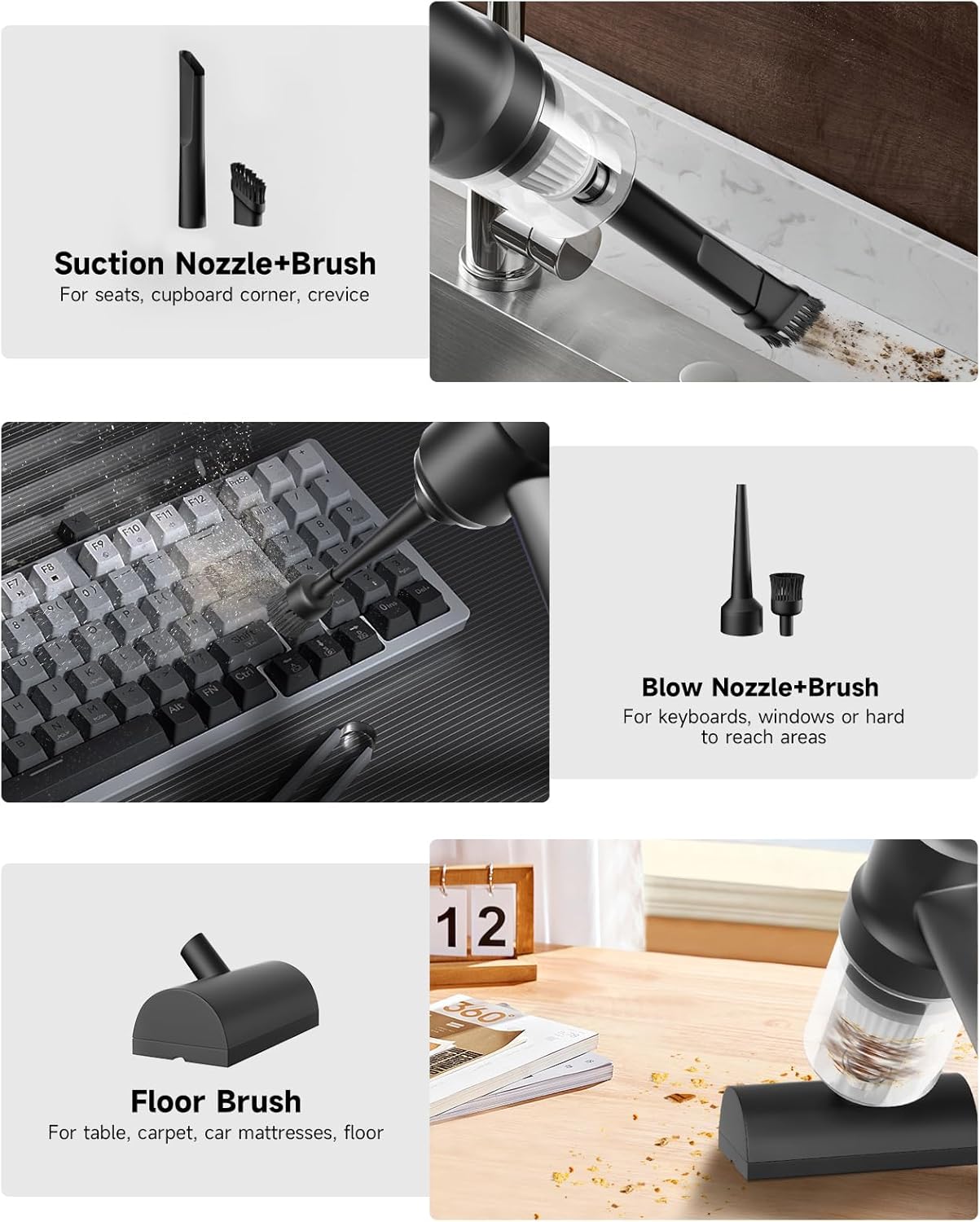 Handheld Vacuum Cordless Rechargeable with LED Light and Multi-Nozzles,15000 Pa Car Vacuum Portable Cordless, 120W Powerful Mini Vacuums Cleaner for Home, Car, Pet Hair, DC Motor, Black