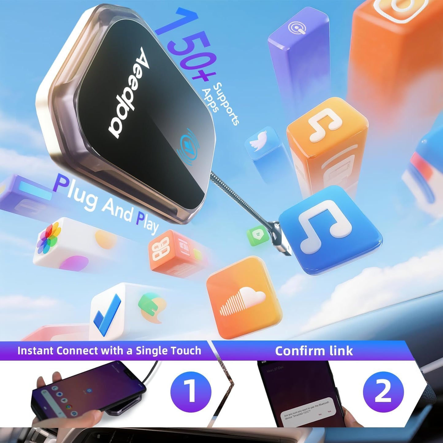 Wireless Android Auto CarPlay Adapter, Touch Connection for Easy Setup, Wireless Upgrade for Wired Android Auto Car Play Dongle, Bluetooth Plug & Play for Android Phones