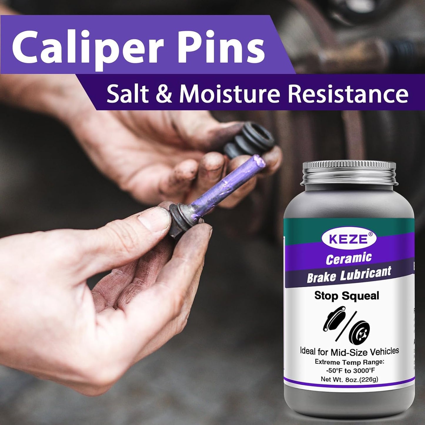 Keze High Temp Ceramic Brake Caliper Grease and Pin Parts Lubricant for Auto Break Sliding Pin Pad,Prevents Seizing Stops Squeaking with Brush Top Can,8 oz