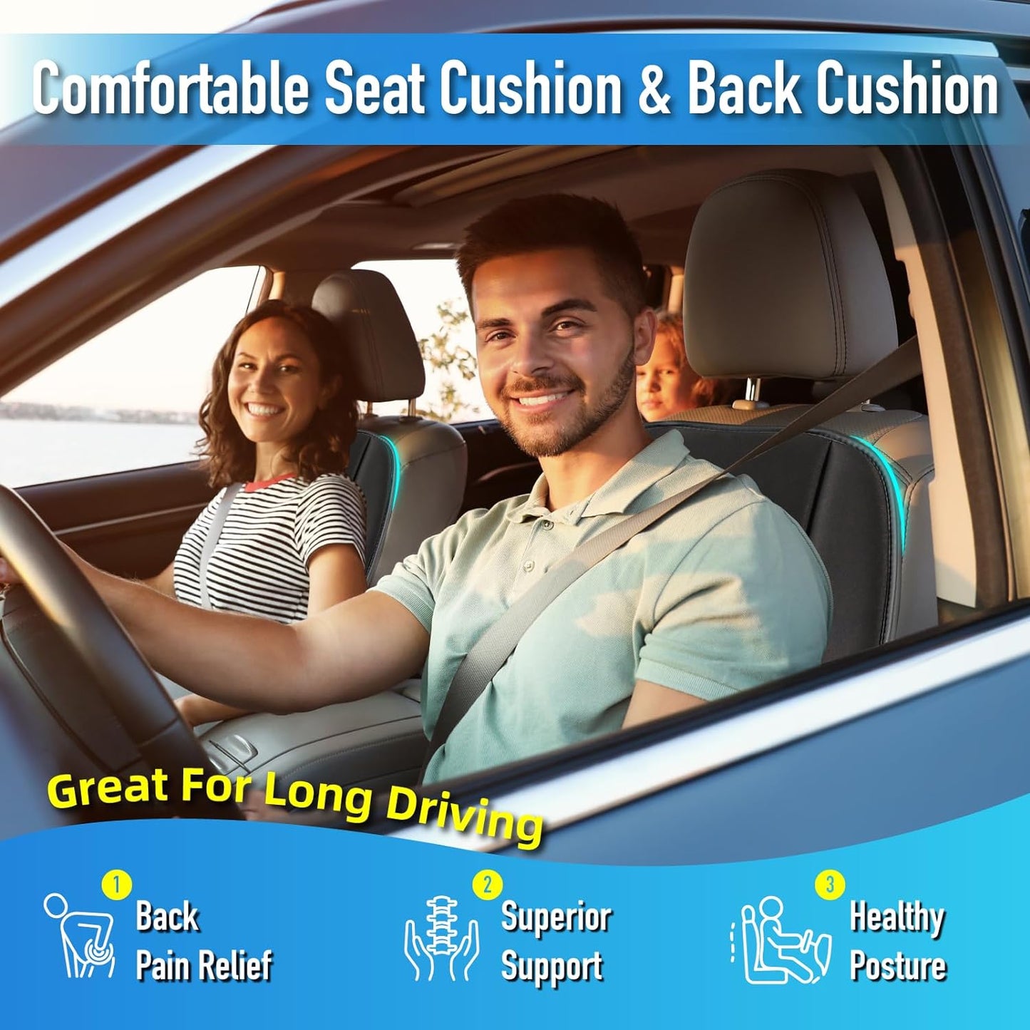 Car Seat Cushion with Back Support Pillow, Comfy Lumbar Support & Seat Cushion, Memory Foam Driving Pillow for Back-Sciatica Pain Relief, Auto Pad Suitable for Car, Truck, SUV - Black