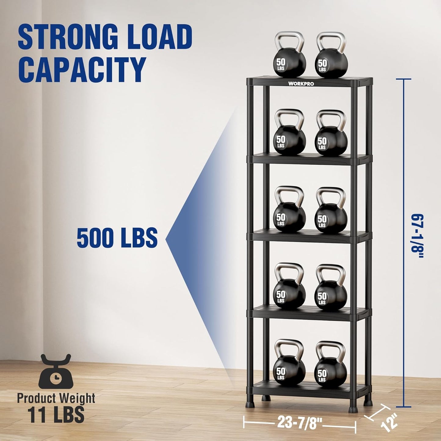 WORKPRO 5-Tier Plastic Storage Shelves, 500lb Capacity Shelving Unit, 67.1" H x 23.9" W x 12" D, Storage Rack for Garage, Home, Pantry, Office, Laundry, Tool-Free Assembly, Black