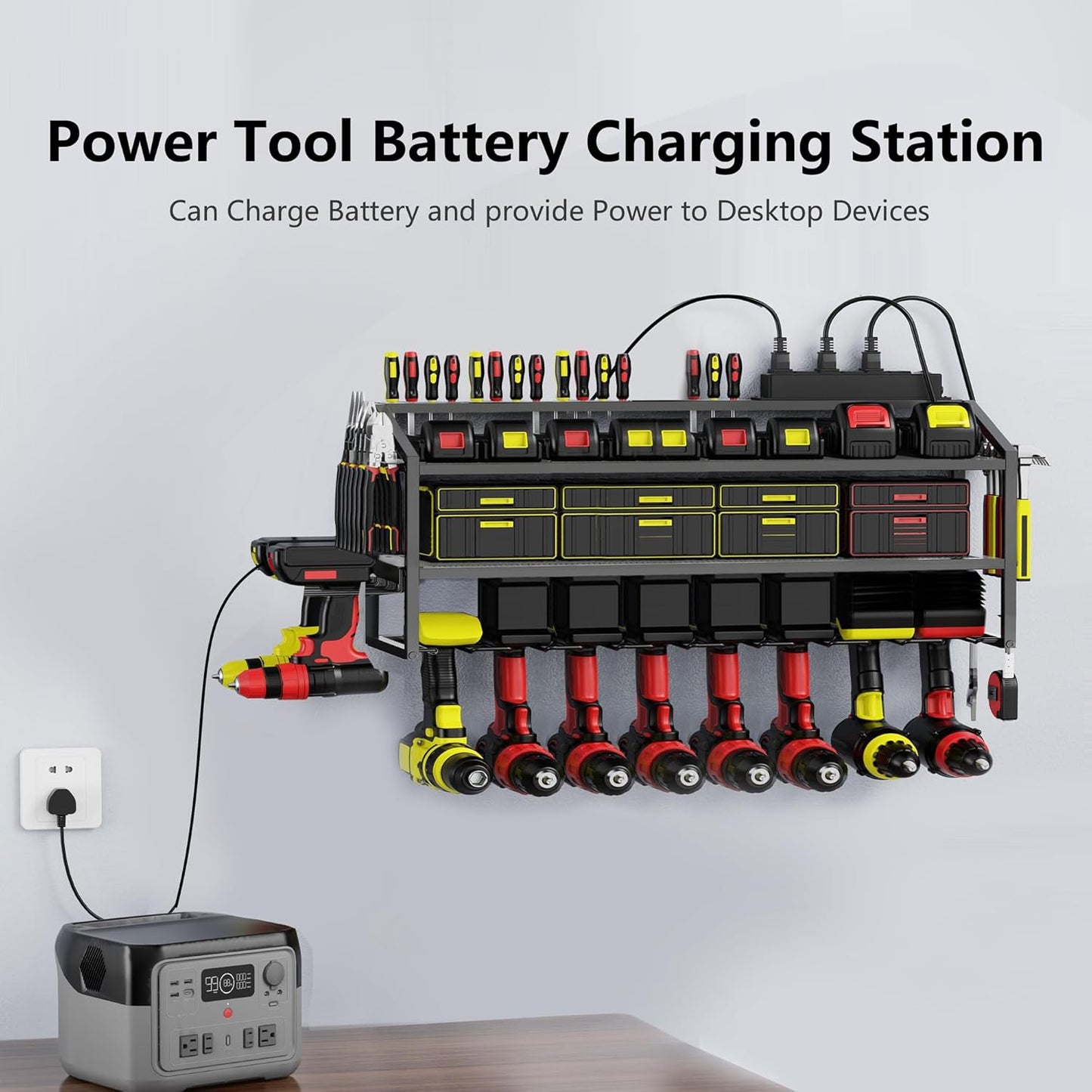 Power Tool Organizer Wall Mount with Charging Station, 3 Layer Storage Rack and Tool Holder for Garage Organization, 8 Drill Holder Wall Mount and 6 Outlet Power Strip
