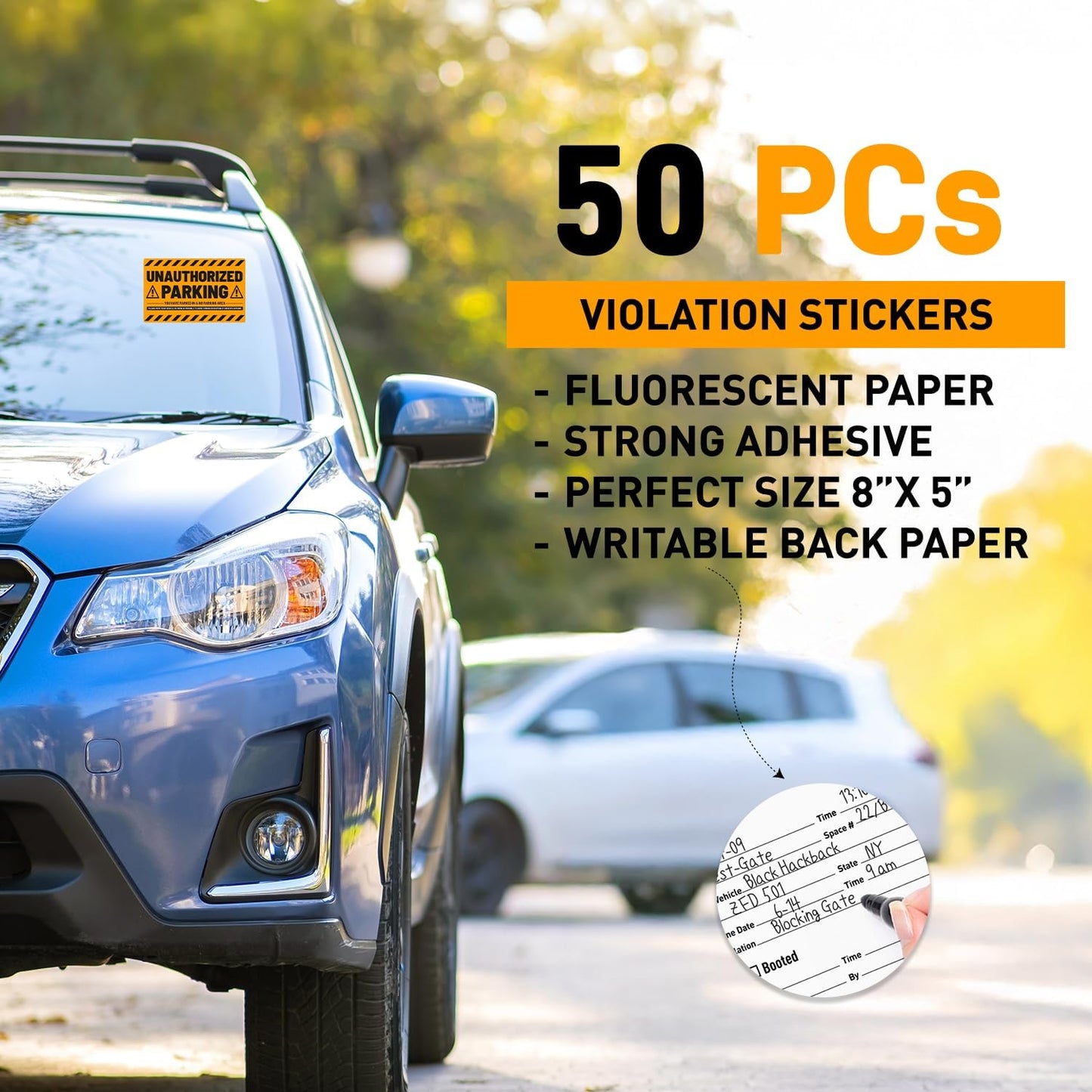 easykart labels 50 Parking Violation Stickers - Hard to Remove - No/Unauthorized Parking Warning Stickers - Super Sticky - 8x5 in (Fluorescent Orange)