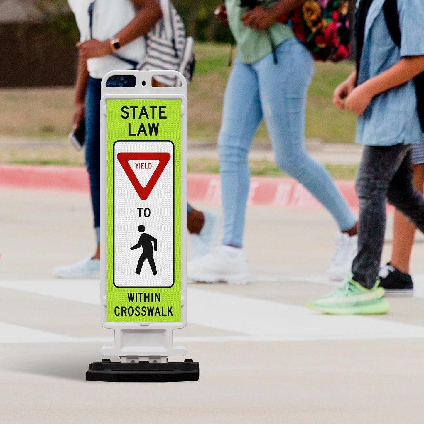 State Law Yield For Pedestrian Within Crosswalk R1-6a MUTCD Sign, Double Sided 3M Engineer Grade Reflective, Portable Rubber Base, Impact Resistant Plastic Frame