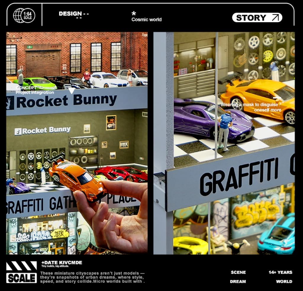 Display Case for Hot Wheels: Stackable Parking Garage for 1/64 Scale Matchbox Toy Car, FoamBoard Storage for Monster Trucks with LED Light and Acrylic Cover, 2025 Upgraded Graffiti Wall