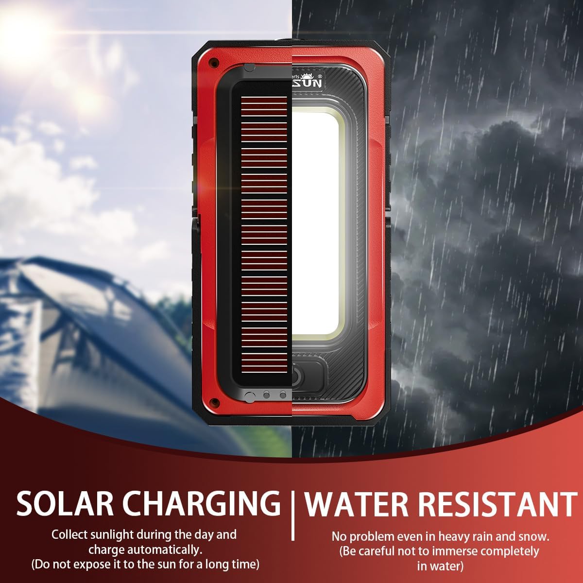 WARSUN Rechargeable Portable Magnetic Work Light, LED Flood Light Waterproof for Outdoor Camping Hiking Emergency Car Repairing (USB + Solar Charging, Red)