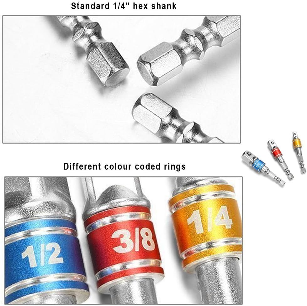 Impact Grade Socket Adapter/Extension Set Turns Power Drill Into High Speed Nut Driver,1/4-Inch Hex Shank to Drive for Adapters to Use with Drill Chucks, Sizes 1/4" 3/8" 1/2", Cr-V, 3-Piece