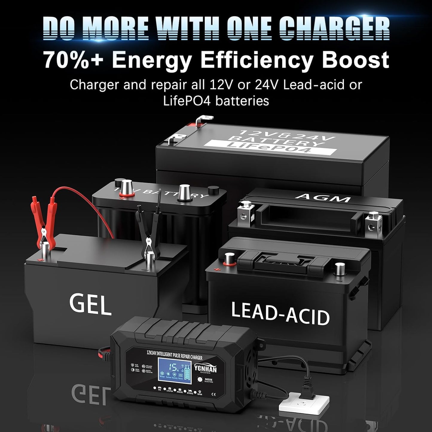 YONHAN 15-Amp Battery Charger LiFePO4 Trickle Car Battery Charger 12V 24V Fully-Automatic Smart Battery Chargers, Lead Acid Portable 9-Stage Smart Battery Maintainer with Temp Compensation(Black)