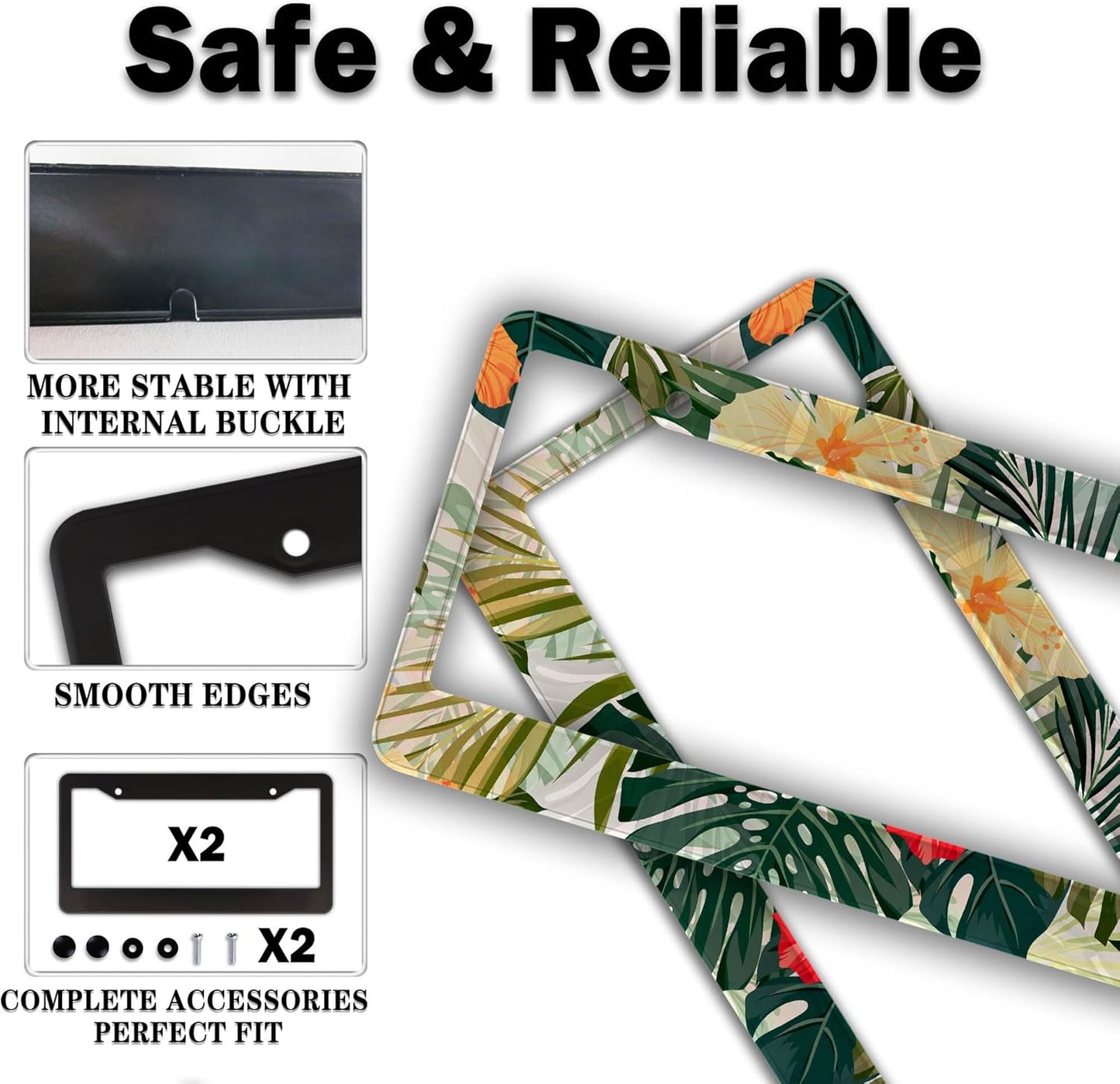 Car Plate Frames Multicolor License Plate Protector Hawaiian Retro Tropical Palm Leaves Universal Aluminum Car Accessory 2 Pack with Screw Covers Set