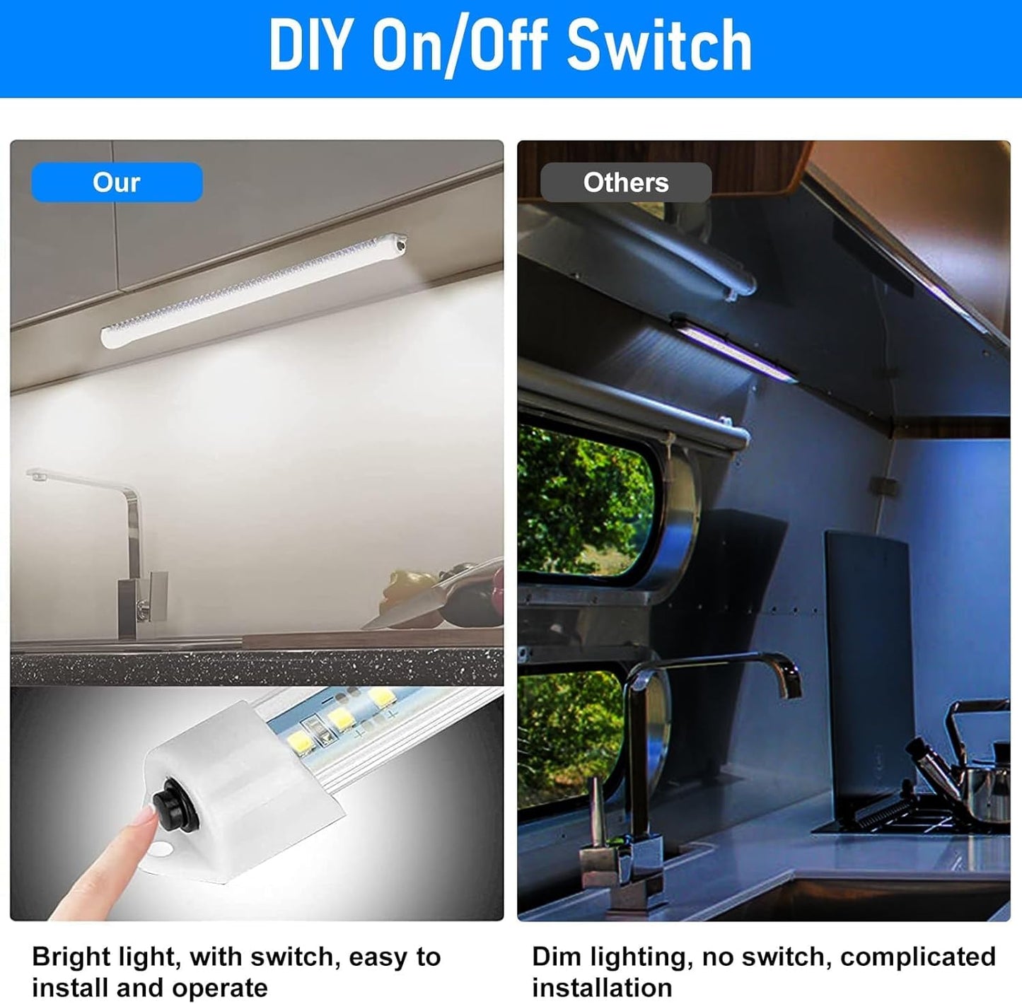 Linkstyle 4PCS 12V LED Interior Light Bar, 192LEDs 12V LED Light Strip with Switch, 6500K Slim Car Interior Lights for Car Truck RV Boat Cabinet