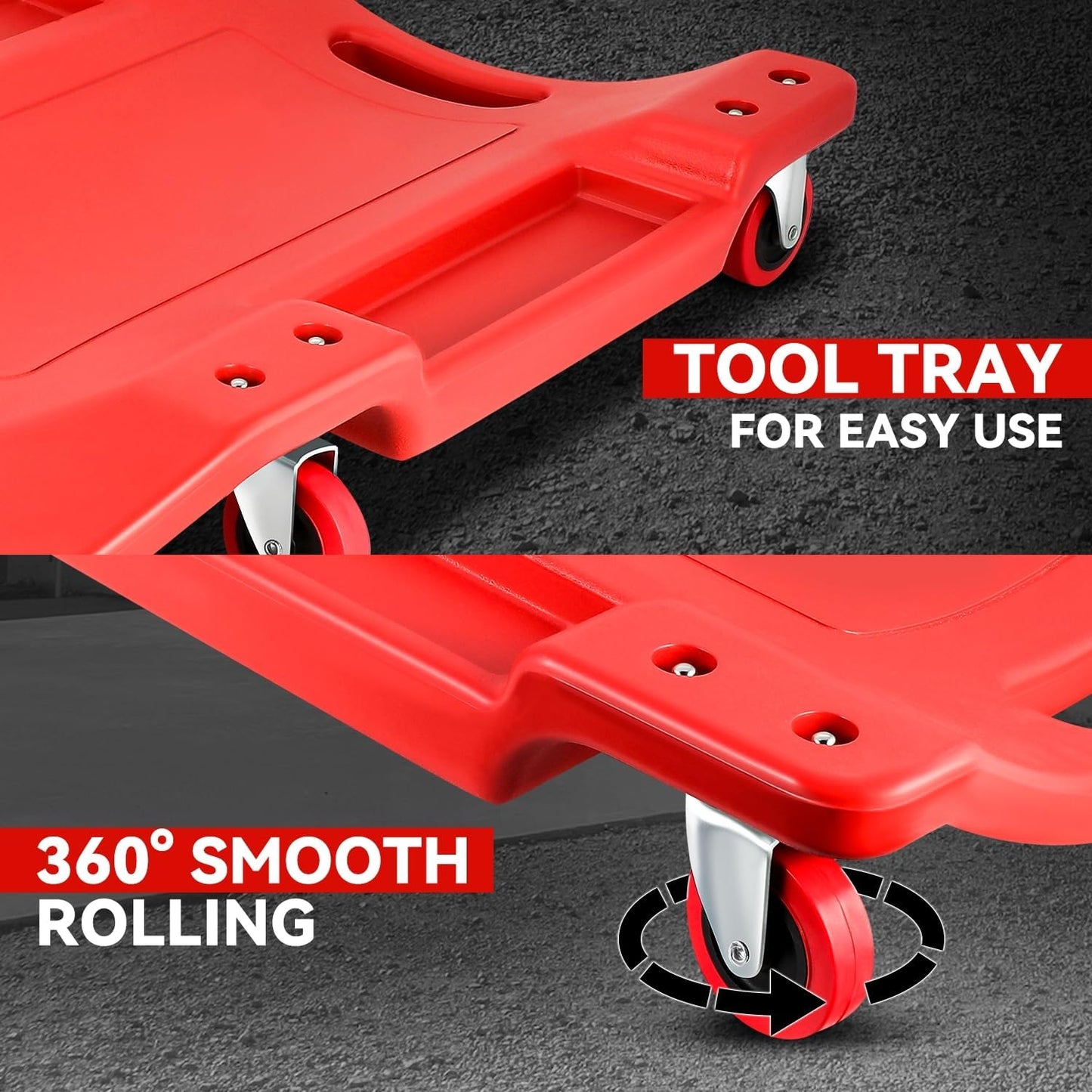 Auto Dynasty 36 Inches Mechanic Creeper, Automotive Garage Repair Low Profile Under Car Rolling Creeper with Padded Headrest, Plastic, Red