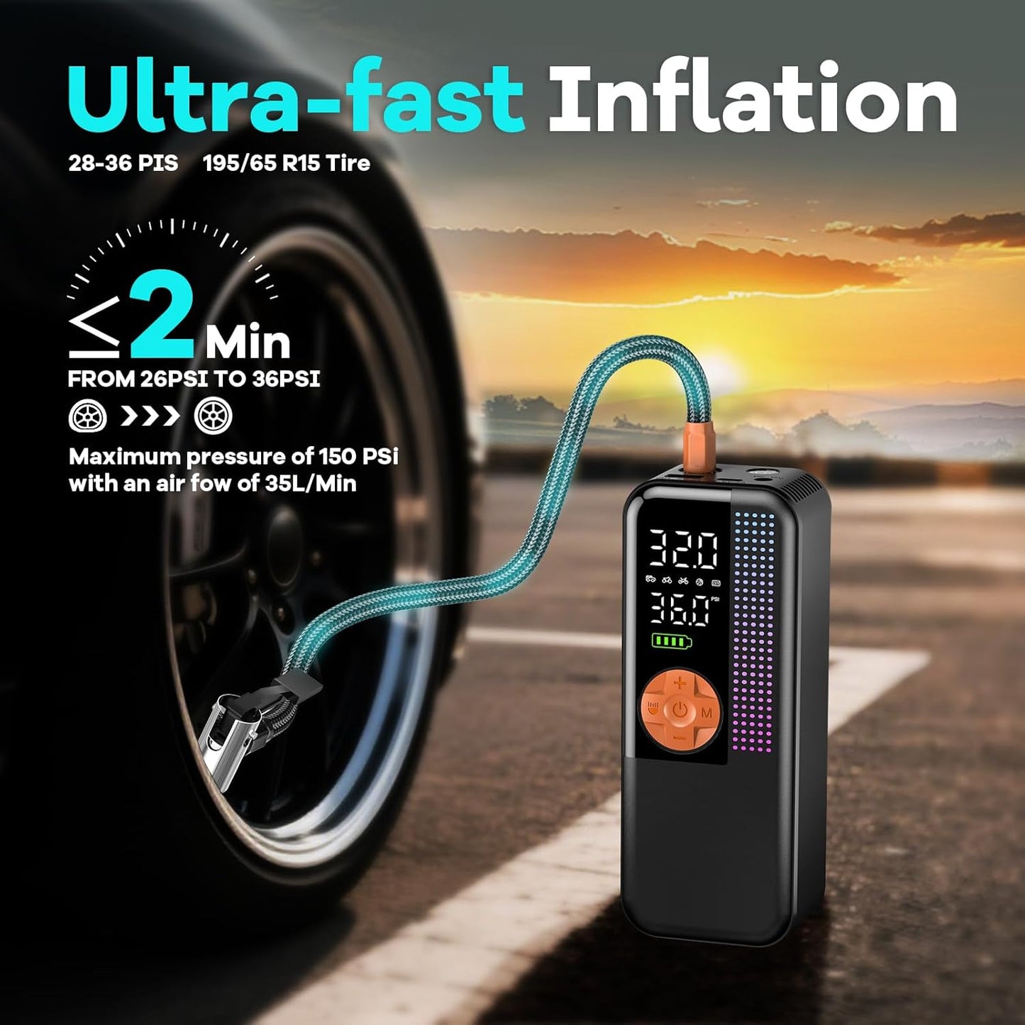 Portable Tire Inflator Air Compressor, 150 PSI Cordless Air Pump, 6000mAh Battery & 12V Car Outlet, Digital Pressure Gauge, Auto Shut-Off, Fast 24L/Min, LED Light, 4 Preset Modes for Car, Bike, Balls