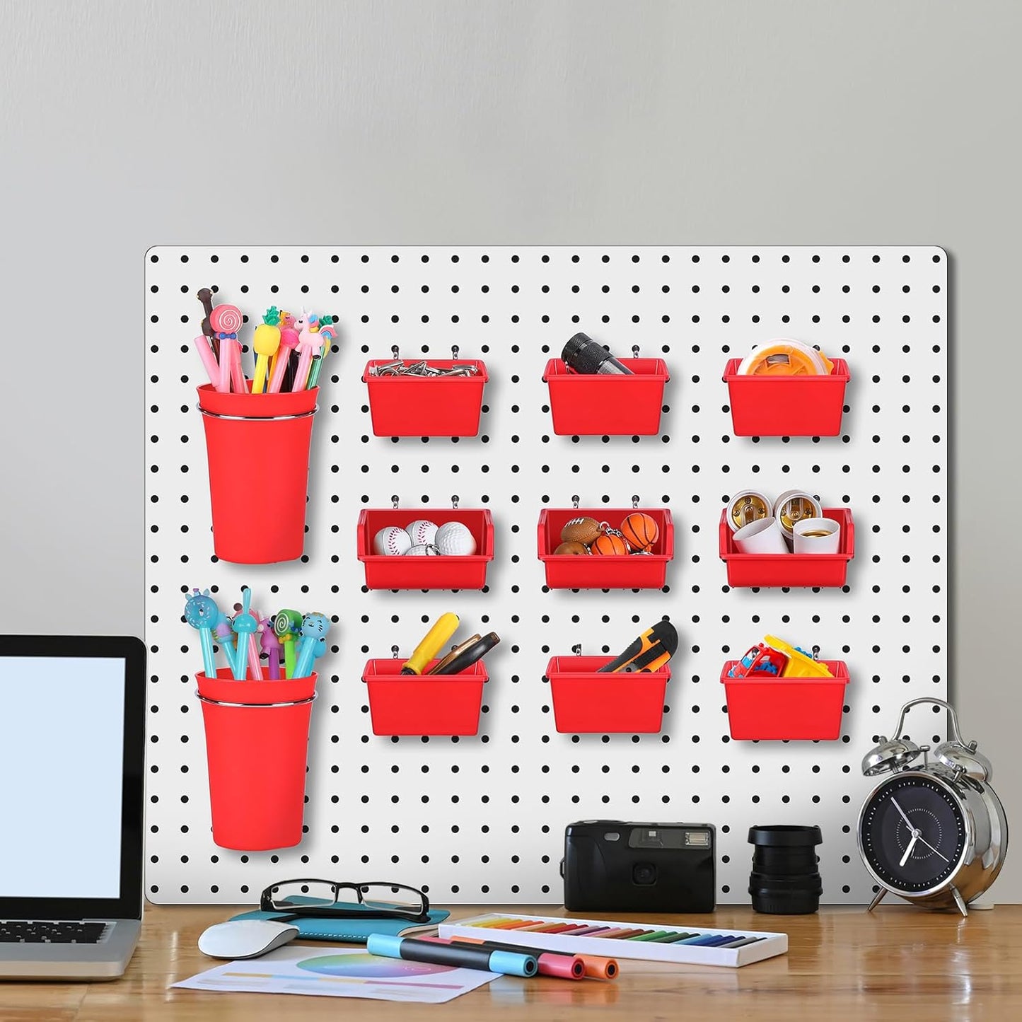 Yookeer 20 Pcs Pegboard Bins and Cups with Hooks and Loops Peg Assortment Organizer Accessories Various Tool Organizer Pegboard Baskets Set for Garage Workshop Workbench Office(Red)