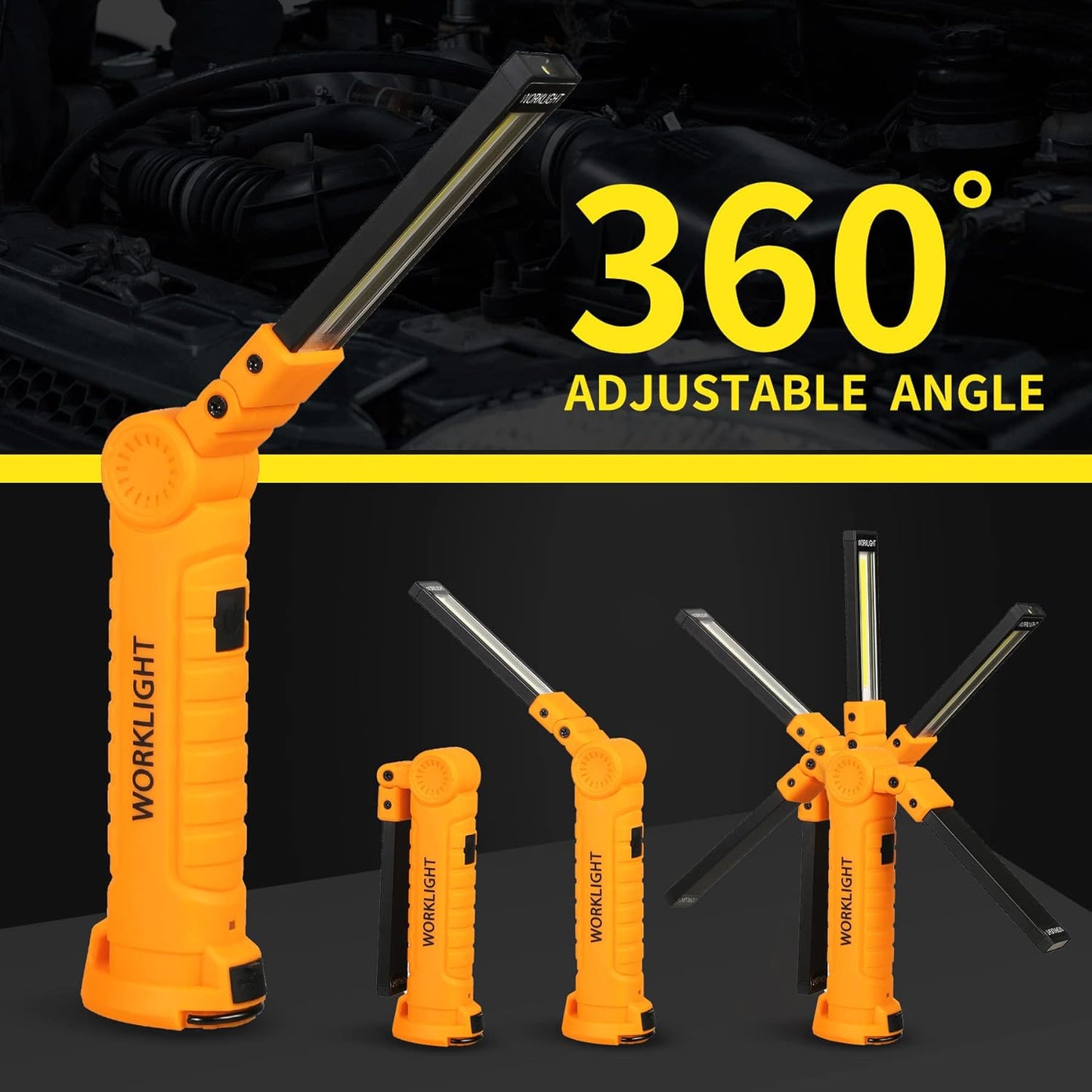 LED Worklight Flashlight, Suranew COB Rechargeable Work Lights with Magnetic Base 360 Degree Rotate and 5 Modes Portable Flood Light Inspection Construction Light for Car Repair (Yellow, 2 Pack)