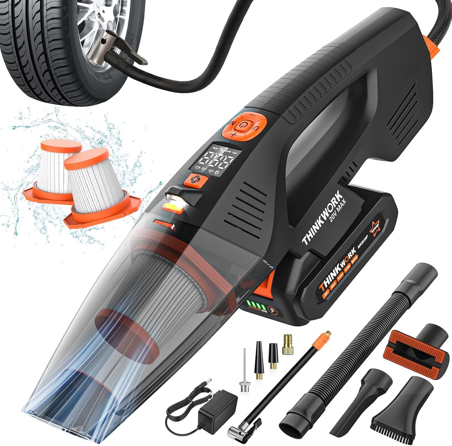 THINKWORK 20V Car Vacuum & Air Compressor, Dual Function High Power Handheld Cordless Vacuum with 18000pa Suction Power for Car Cleaning, Household Dust Removal, Inflation