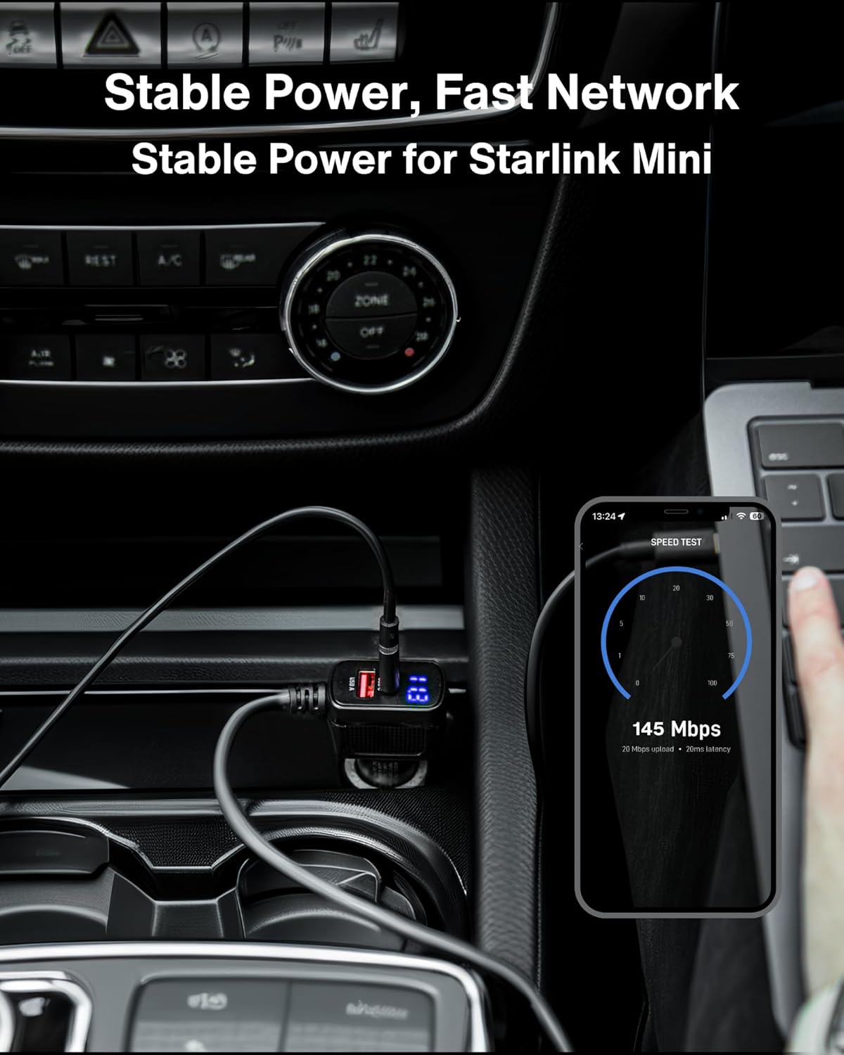 Car Charger Cable for Starlink Mini 6.5FT with Display - 12-24V Cigarette Lighter to DC Power Cable, 60W DC + 33W Dual USB-C/USB-A Adapter for Trucks, RVs & Boats, 18AWG Cord with Voltage Monitoring
