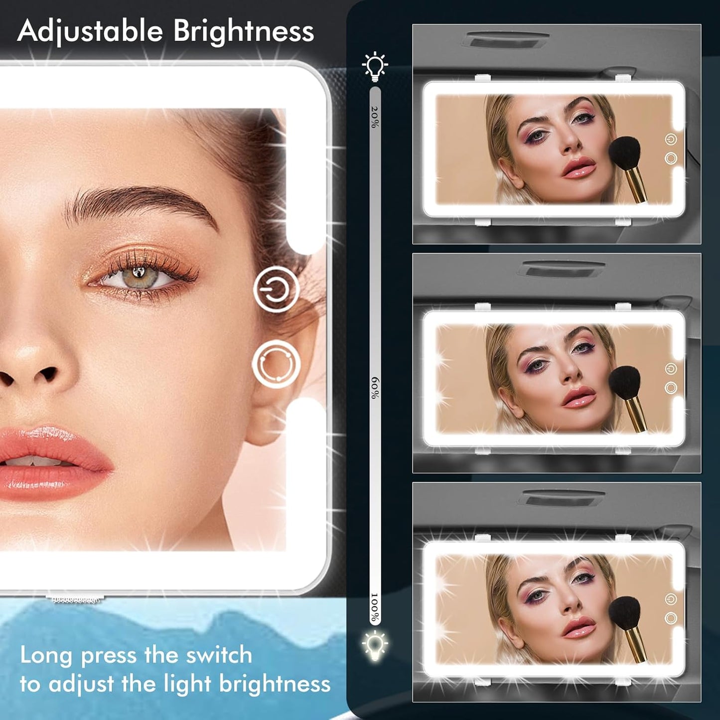 Car Sun Visor Vanity Mirror,Dimmable Makeup Mirror for Car Visor,Rechargeable Led Light with 3 Modes,White