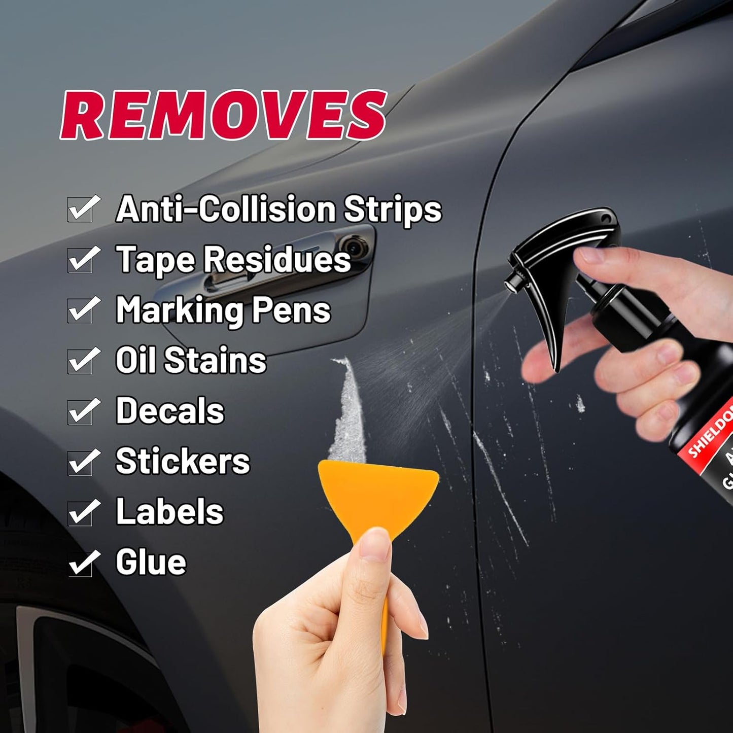 Adhesive Remover, Dissolve & Soften Adhesives on Car Glass & Paint, Easily Remove Glue Sticker Labels Decals Tape Residue, Portable Spray Removal Set with Scraper, Spatula, Towel -3.4oz/100ml