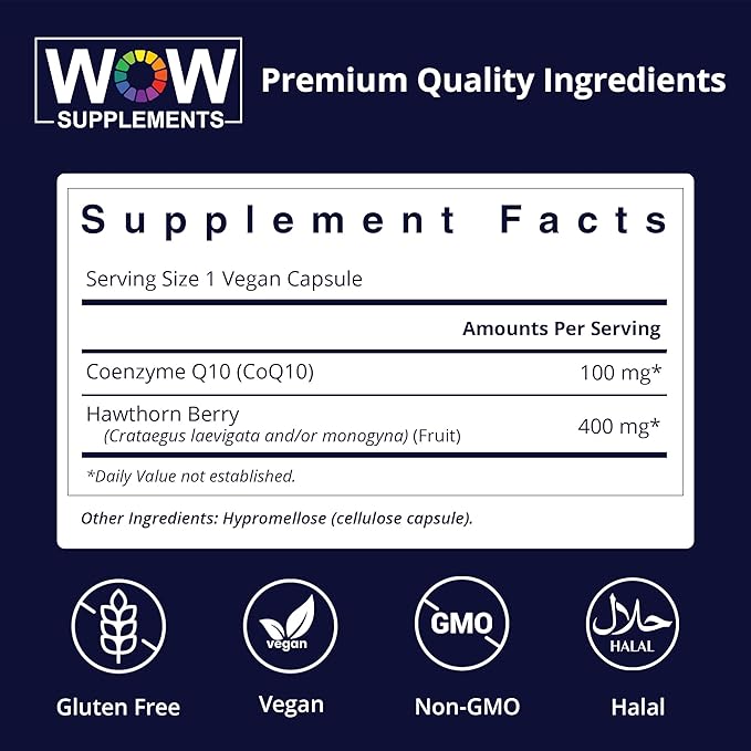 WOW Supplements CoQ10 100 mg with Hawthorn Berry - High Absorption CoQ10 100mg for Energy Production, Heart and Cellular Health - Non-GMO, Gluten-Free Coenzyme Q10 100mg Supplement - 90 Capsules