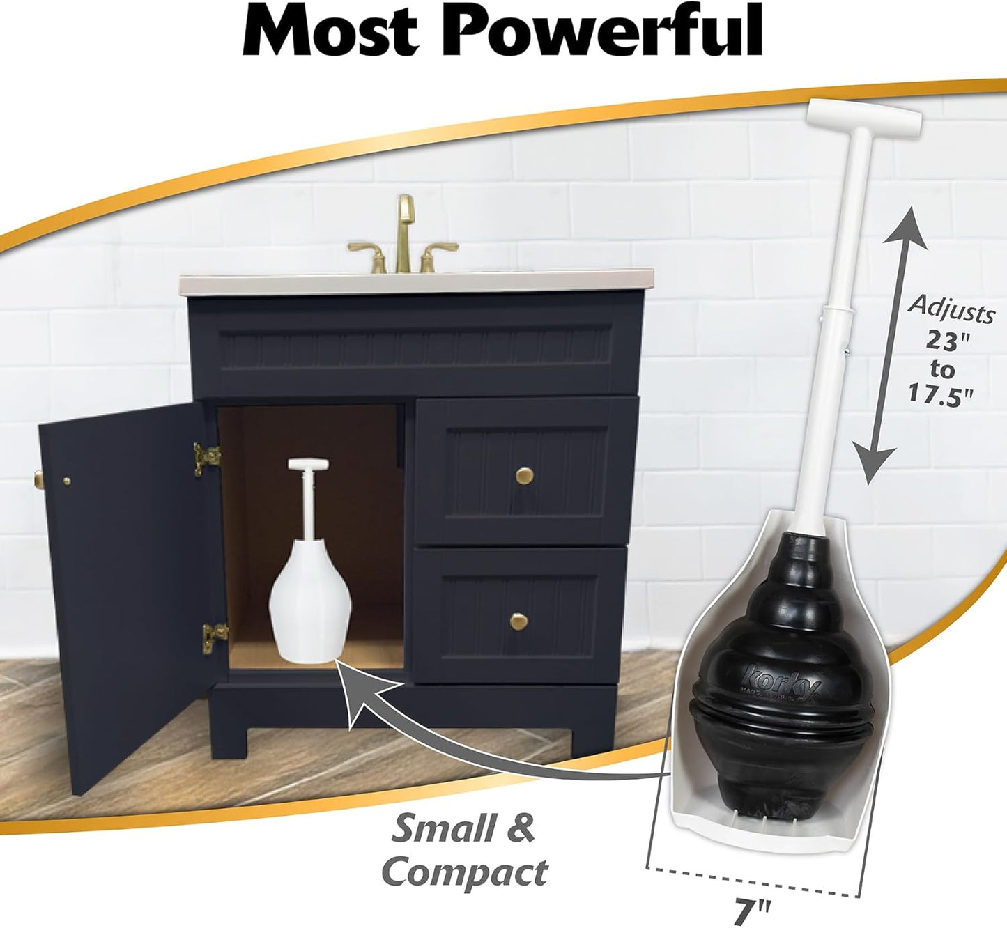 Korky BeehiveMAX Hideaway - Heavy Duty Toilet Plunger with Holder - Drip Free Carry - Seals All Bowl Shapes – Powerful Clog Removal, 97-5