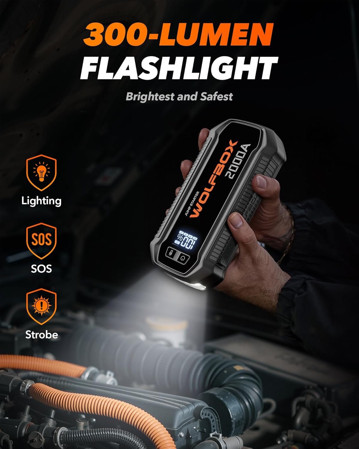 WOLFBOX 2000A Jump Starter, 12000mAh Battery Jumper Starter Portable with LED Display, 12V Car Battery Jump Starter Pack (7L Gas 6L Diesel Engine) with Booster, LED Light, Jumper Cables (NO Adapter)