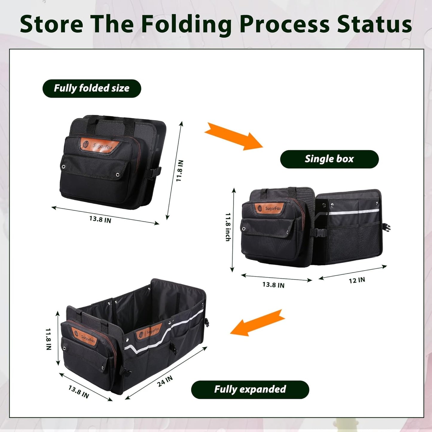 Foldable Waterproof Car Organizer with Non-Slip Traction Rope, 23.2”x13.8”x11.8” Heavy-Duty Trunk Organizer for SUV, Car Essentials List, Portable Vehicle Organizer,BLACK-M003