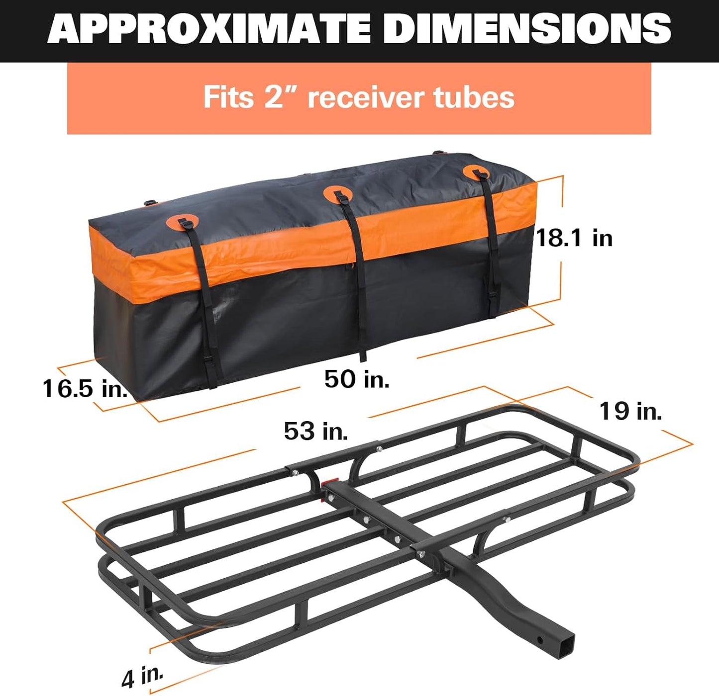 WEIZE Hitch Cargo Carrier for SUV, Truck - 53x19 Inches, 500LB Capacity, with Waterproof Bag, Net, Strap, Tightener, Powder Coated for Durability, Easy Installation, for Camping and Travel